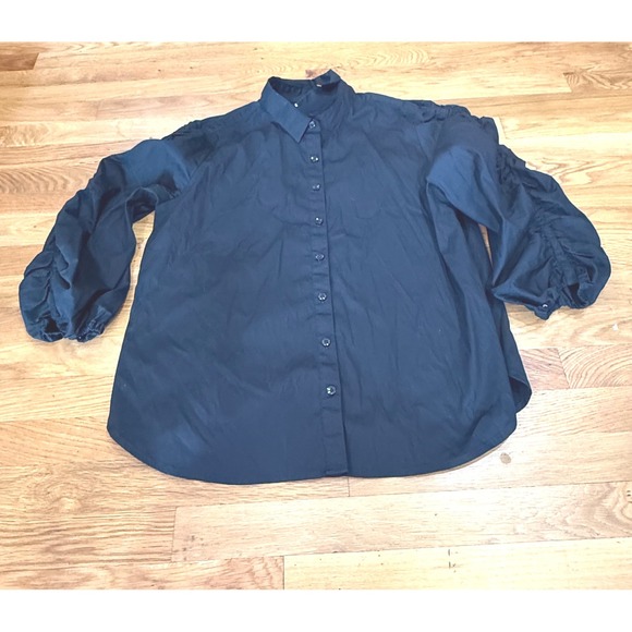 Chico's Tops - Chicos Black Ruched Puff Sleeve Button Down Shirt Poplin Stretch Size 3‎ US 16